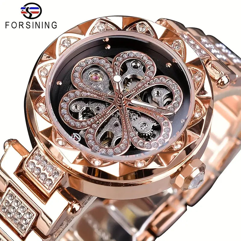 FORSINING Women's Luxury Rhinestone Flower Mechanical Watch