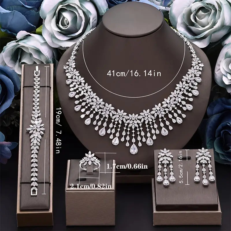 Luxury Bridal Jewelry Set, Platinum Plated Copper with Zirconia - Elegant Necklace, Bracelet, And Earrings Set for Weddings, Ramadan & Special