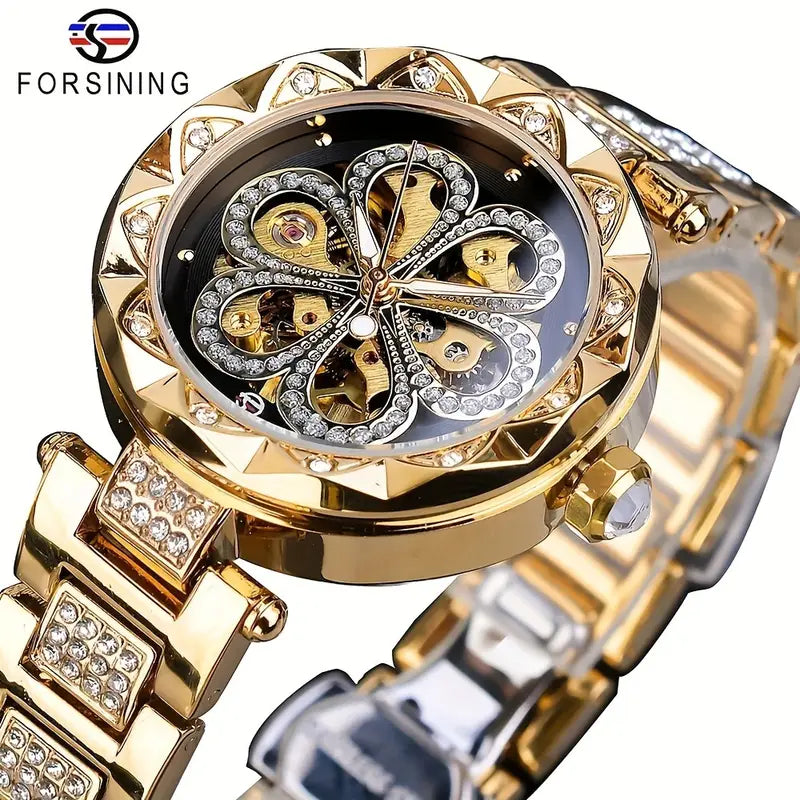 FORSINING Women's Luxury Rhinestone Flower Mechanical Watch