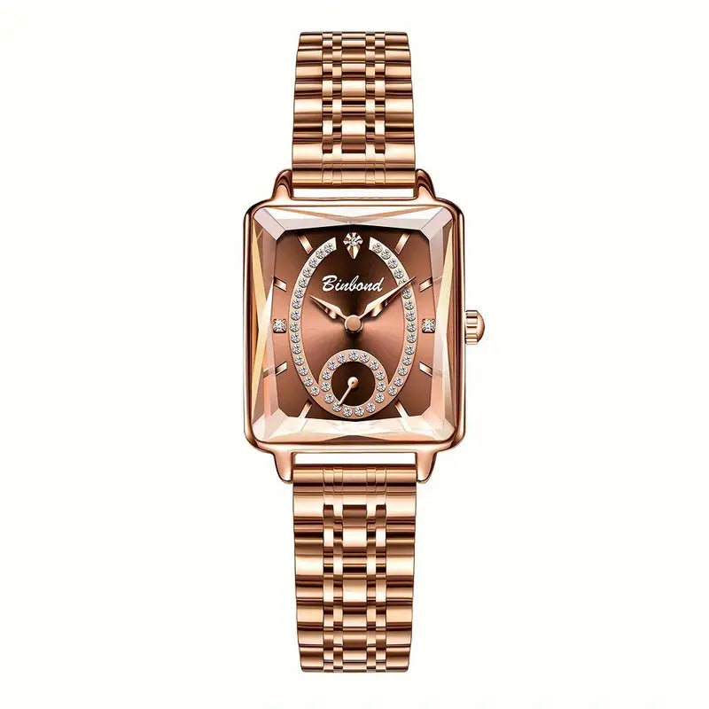 Elegant Rose Golden Square Quartz Watch for Women, Stainless Steel Band, Luxury Fashion Accessory, Perfect Gift