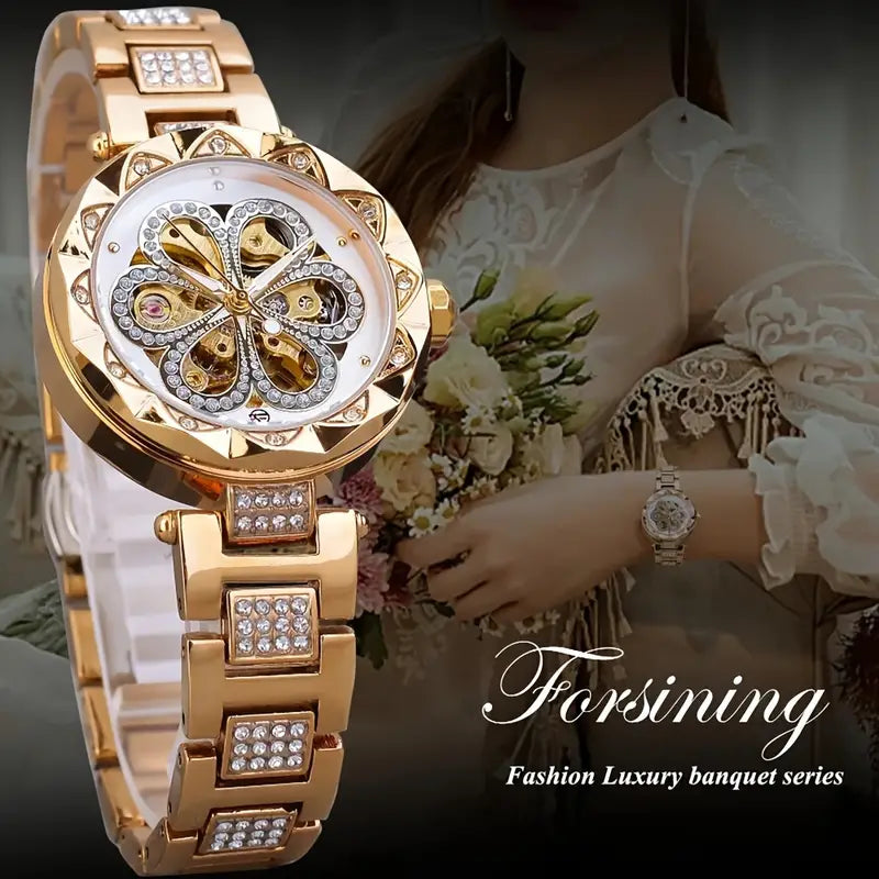 FORSINING Women's Luxury Rhinestone Flower Mechanical Watch