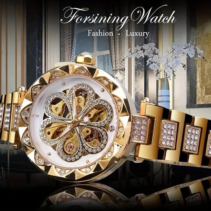 FORSINING Women's Luxury Rhinestone Flower Mechanical Watch