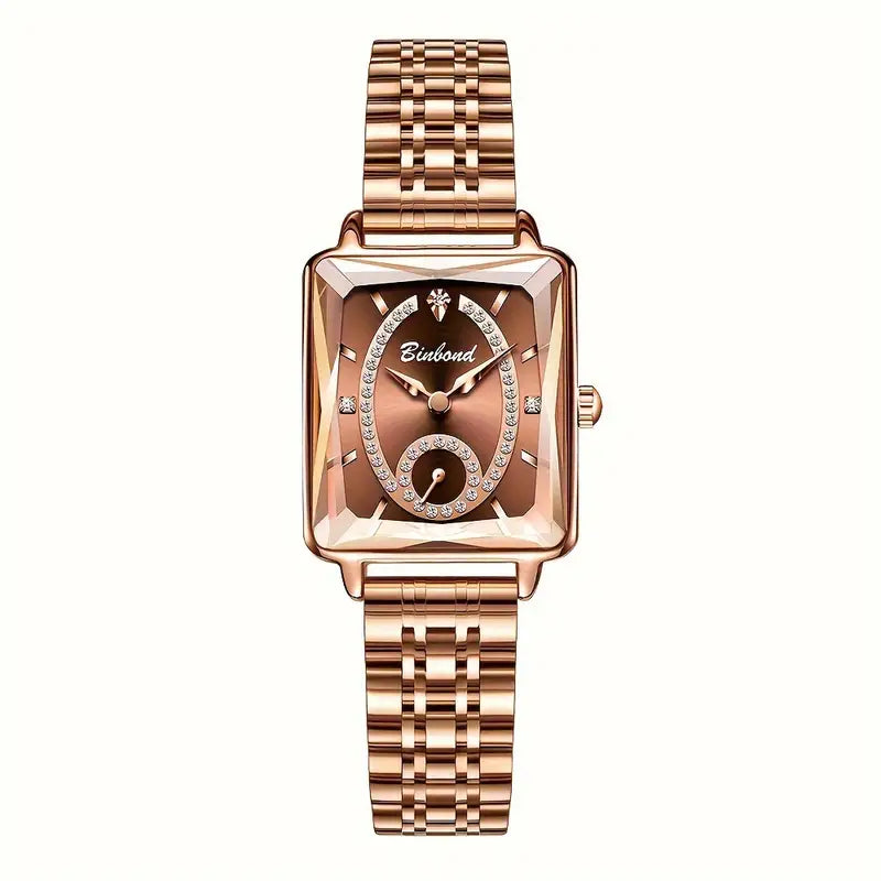 Elegant Rose Golden Square Quartz Watch for Women, Stainless Steel Band, Luxury Fashion Accessory, Perfect Gift