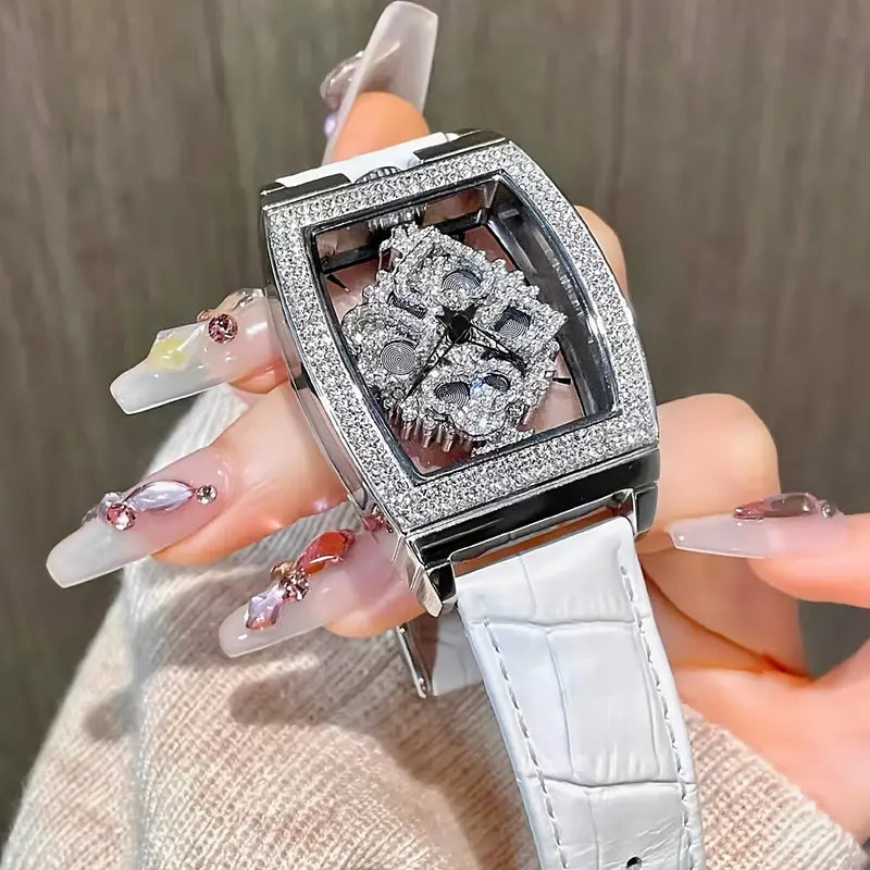 Elegant Women's Quartz Watch with Rotating Rhinestone Dial - Fashionable Wine Barrel Design, Transparent Back, Faux Leather Strap