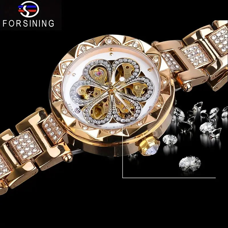 FORSINING Women's Luxury Rhinestone Flower Mechanical Watch