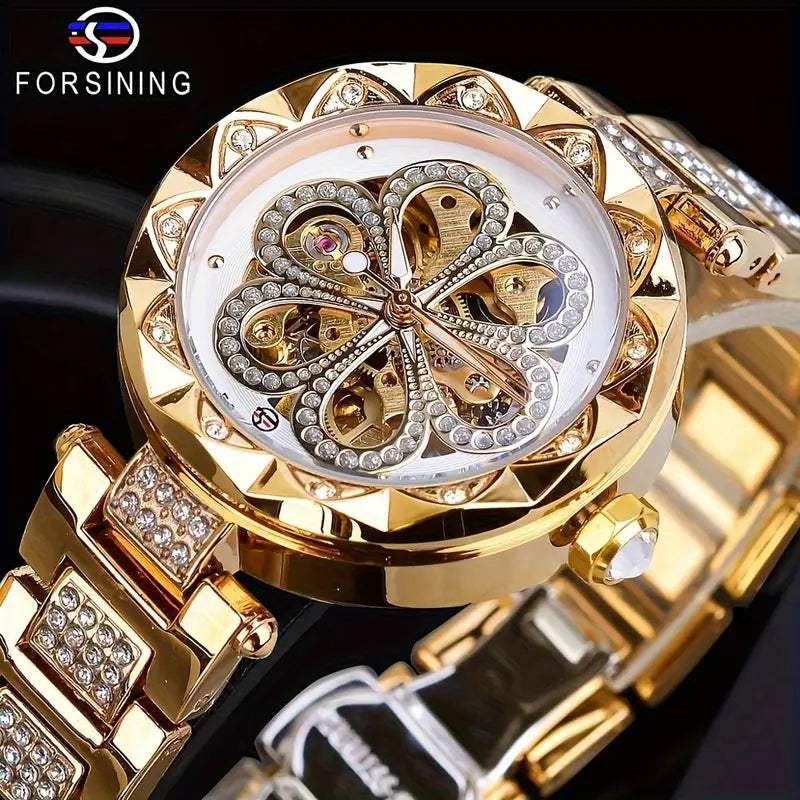 FORSINING Women's Luxury Rhinestone Flower Mechanical Watch