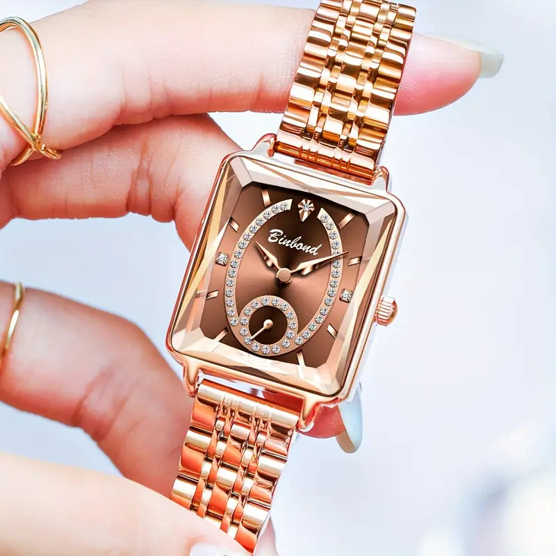 Elegant Rose Golden Square Quartz Watch for Women, Stainless Steel Band, Luxury Fashion Accessory, Perfect Gift