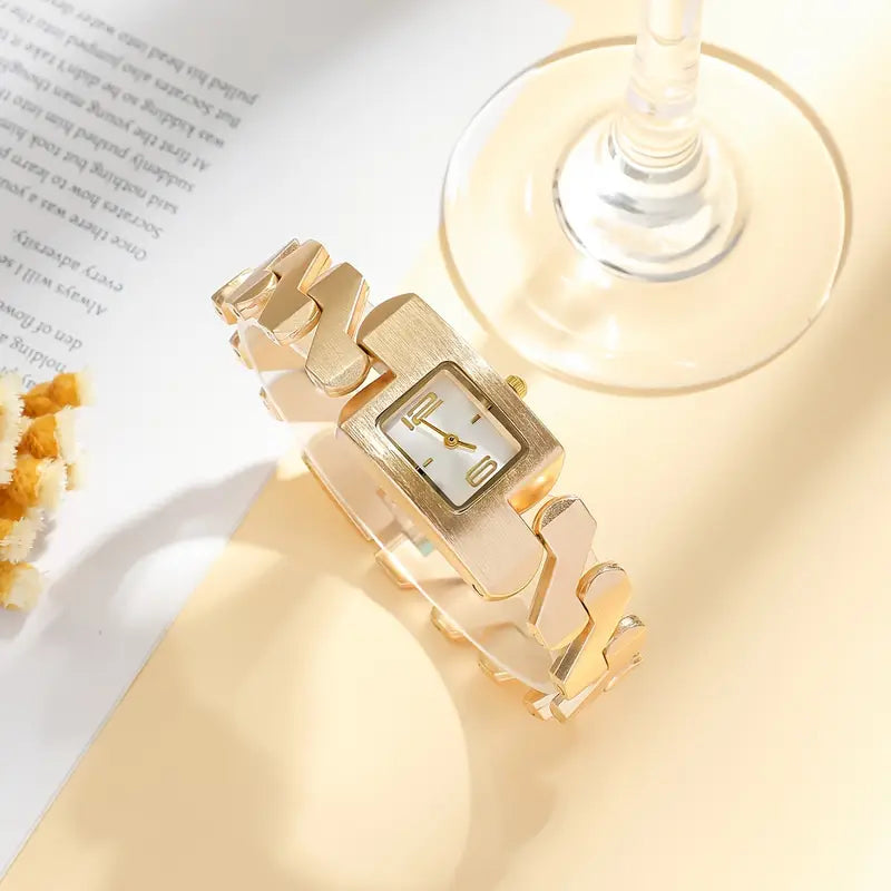 Elegant Timepiece, Chic Square Quartz Women's Watch with Steel Band - Funky Style, Non, Zinc Alloy Case & Strap